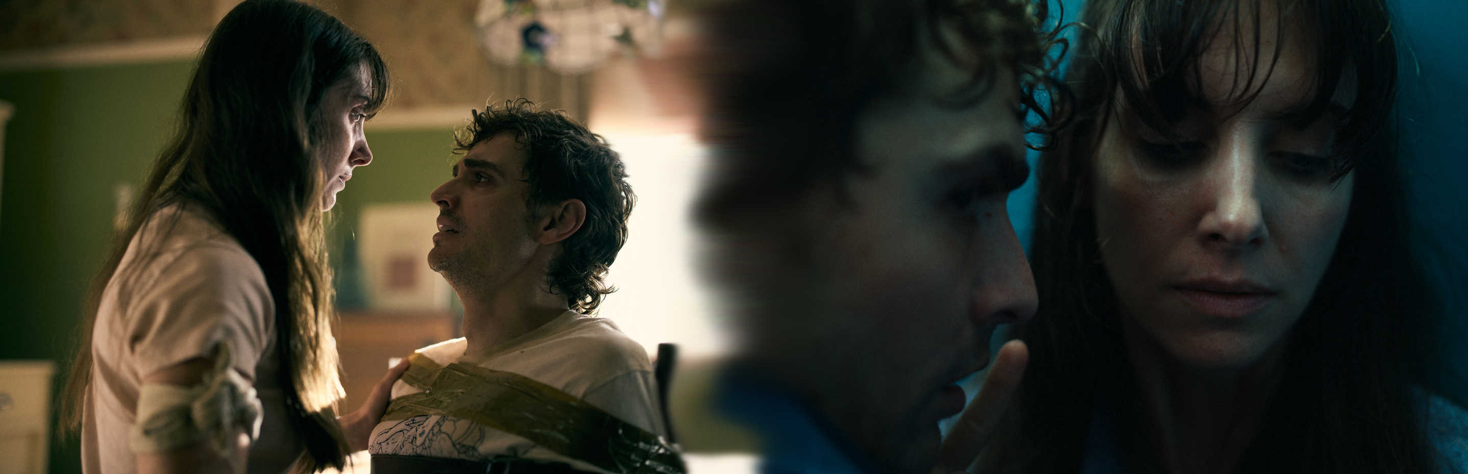 椅子に縛り付けられた男と何か覚悟を決めた女。