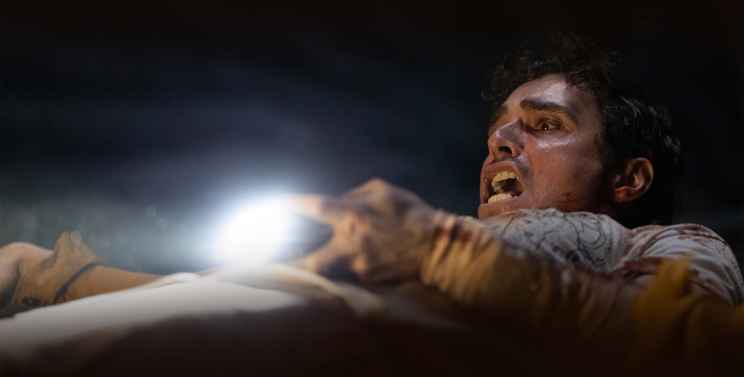 男がライトを照らして何かに驚いている